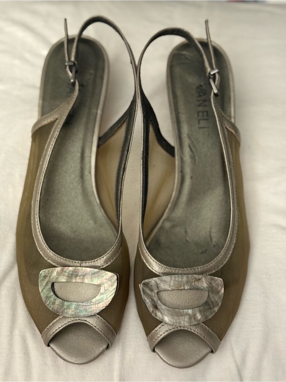 Vaneli Silver”ish” Slingback Mesh kitten heel with Iridescent Shell Accent